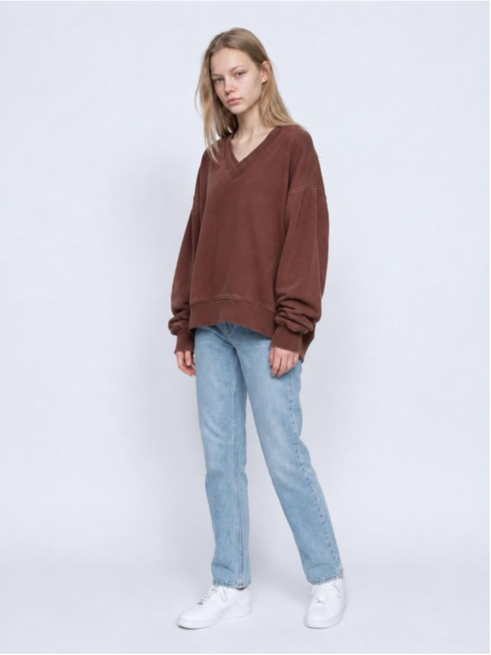 Aerie Downtime Double V-Neck Oversized Sweatshirt Brown Size Large